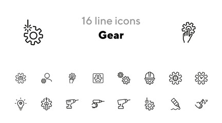 Gear line icon set. Set of line icons on white background. Gear, drill, hand, tool. Equipment concept. Vector illustration can be used for topics like construction, repair, engineering