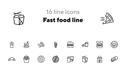 Fast food line icon set. Set of line icons on white background. Pizza, coffee, sandwich, burger. Food concept. Vector illustration can be used for topics like food, street cafe, snack