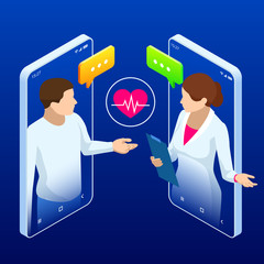 Online medical service. Isometric concept of Health Insurance. People are standing on the signed health insurance policy.