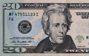 Closeup of front side of 20 dollar banknote