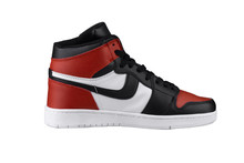 Side View Of A High Sneaker With Red And Black Accents.