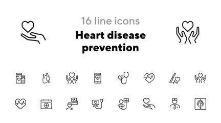 Poster - Heart disease prevention line icon set. Stethoscope, surgery, cardiogram, first aid kit. Medicine concept. Can be used for topics like heart attack, medical help, hospital