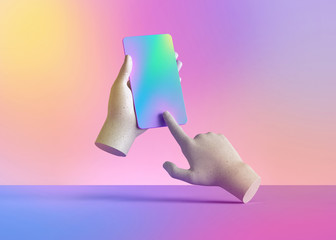 3d render mannequin hands holding smart phone gadget, electronic device isolated on colorful pastel 