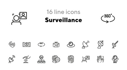 Poster - Surveillance line icon set. Camera, satellite dish, fingerprint. Security concept. Can be used for topics like modern technology, protection, access