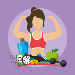 Poster - woman athlete character and healthy lifestyle icons