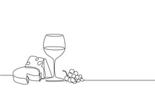A Glass Of Wine And A Bunch Of Grapes. Drawing By A Continuous Line. Vine And Cheese
