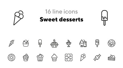 Sweet desserts line icon set. Set of line icons on white background. Candy, cake, doughnut. Vector illustration can be used for topics like confectionary, pastry, dessert