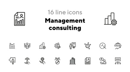 Poster - Management consulting line icon set. Office, employee, gear, clock. Business concept. Can be used for topics like analysis, advice, protection