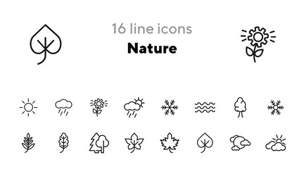 Wall Mural - Nature icons. Set of line icons on white background. Wood, snowflake, overcast. Fall concept. Vector illustration can be used for topics like plants, weather, environment
