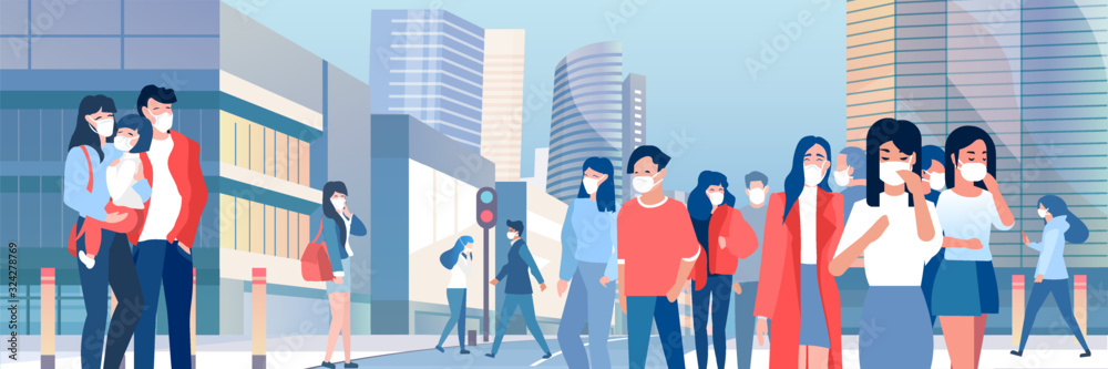 Vector of a crowd of people wearing protective respiratory masks walking on a street with cityscape background. - obrazy, fototapety, plakaty 
