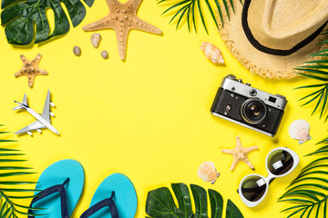 Summer travel concept flat lay image.