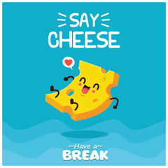 Vintage Cheese poster design with vector cheese character. 