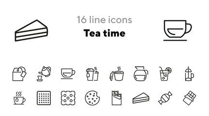 Tea time icons. Set of line icons. Cheesecake slice, bar of chocolate, french press. Tea break concept. Vector illustrations for topics like business process, everyday routine, food, office life
