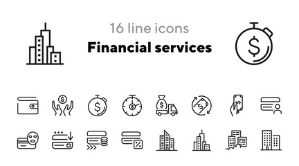 Sticker - Financial services line icon set. Credit card, office building, money, cash, wallet. Finance concept. Can be used for topics like banking, cashback, payment