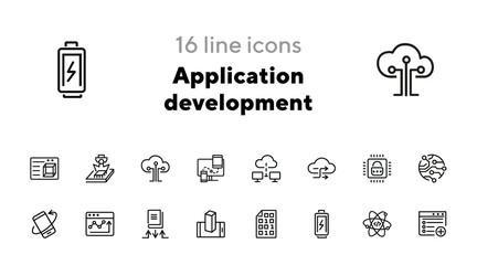 Sticker - Application development line icon set. Battery charging, binary code, cloud networking. Information technology concept. Can be used for topics like programming, mobile apps, artificial intelligence