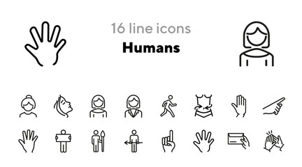 Poster - Humans line icon set. Person, woman, face, body, hand. Home concept. Can be used for topics like gesture, occupation, age, action