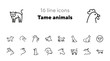 Tame animals line icon set. Set of line icons on white background. Beef, horse, cat. Household concept. Vector illustration can be used for topics like household, nature, farm