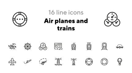 Air planes and trains icons. Set of line icons on white background. Transport concept. Vector illustration can be used for topics like modern life, travelling