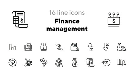 Poster - Finance management line icon set. Cash delivery vehicle, funnel, report. Money concept. Can be used for topics like investment, earning, income