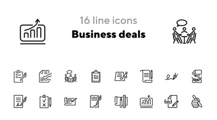 Sticker - Business deals line icon set. Set of line icons on white background. Working concept. Document, office supplies, pen, bill. Vector illustration can be used for topics like job, office