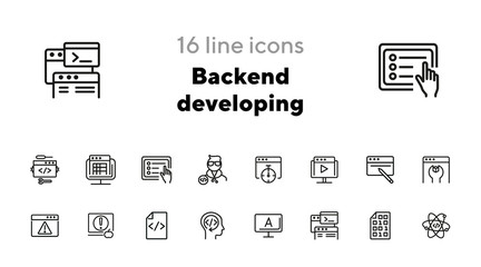 Poster - Backend developing line icon set. Set of line icons on white background. Technology concept. Program, computer, screen. Vector illustration can be used for topics like internet, computer, progress