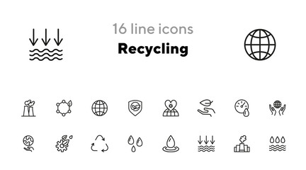 Poster - Recycling line icon set. Leaf, globe, hand, manufacture. Ecology concept. Can be used for topics like environment pollution, fresh water, nature