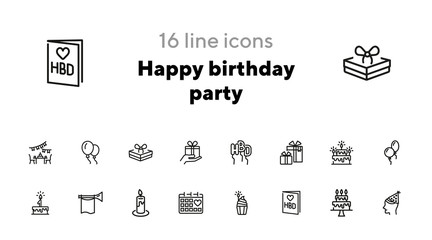 Wall Mural - Happy birthday party line icon set. Cake, balloon, gift, candle. Celebration concept. Can be used for topics like holiday, surprise, congrats