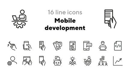 Poster - Mobile development line icon set. Mobile phone, using digital tablet, technician. Information technology concept. Can be used for topics like programming, coding, software