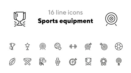Sports equipment icon set. Line icons collection on white background. Dart, football, attribute. Training concept. Can be used for topics like activity, championship, game