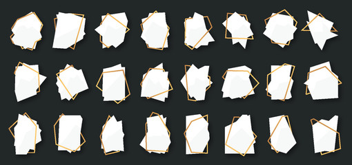 Poster - Abstract polygonal geometric white banner with gold line frame set. Empty template for any design. card text. Luxury decorative modern polyhedron frame element isolated vector illustration