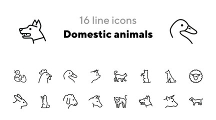Domestic animals icons. Set of line icons on white background. Dog, sheep, rabbit, cat, cow, horse. Animals concept. Vector illustration can be used for topics like pets, farm, zoology