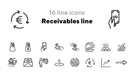 Receivables line icons. Set of line icons. Dollar, email marketer, gold bars. Finance concept. Vector illustration can be used for topics like finance, business, banking