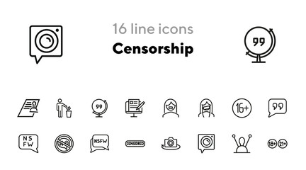 Censorship line icon set. Set of line icons on white background. TV requirement concept. Camera, antenna, stamp. Vector illustration can be used for topics like cinema, TV, radio, social media
