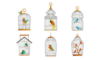 Poster - Exotic Birds in Iron Cages Collection, Cute Colorful Birdies Vector Illustration on White Background