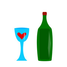 Bottle And Glass With Wine Red Heart-shaped Pattern And Glitter On The Surface