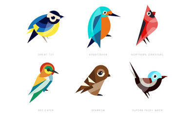Wall Mural - colorful stylized birds collection, great tit, kingfisher, northern cardinal, bee eater, sparrow, su