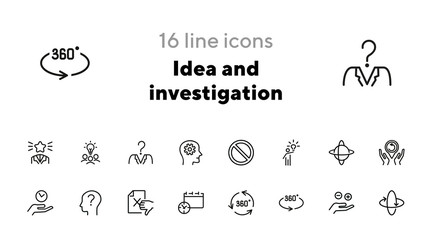 Sticker - Idea and investigation icons. Set of line icons on white background. Idea, human, study. Science and investigation concept. Vector illustration can be used for topics like space, science, business