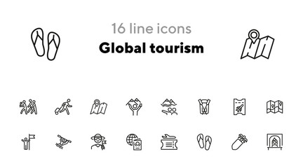 Wall Mural - Global tourism icon set. Line icons collection on white background. Ticket, resort, destination. Journey concept. Can be used for topics like airport, rafting, traveling