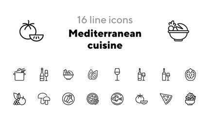 Poster - Mediterranean cuisine line icon set. Salad, pizza, tomato. Food concept. Can be used for topics like restaurant, cooking, menu