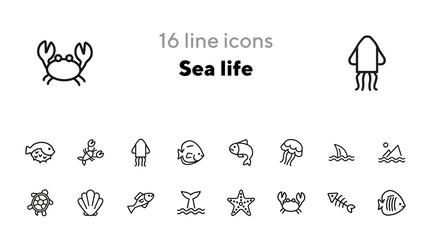 Poster - Sea life line icon set. Fish, shark, turtle. Wildlife concept. Can be used for topics like seafood, ecology, fishing