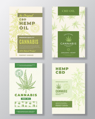 Wall Mural - CBD Hemp Oil Abstract Vector Design Labels Bundle. Modern Typography and Hand Drawn Cannabis Plant Branch with Leaves Sketch Silhouettes Collection. Background Layout with Seamless Pattern.