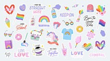 Cute LGBTQ Pride Stickers. Colorful Design Elements And Typography. Vector Collection Of LGBTQ Symbols And Lettering.