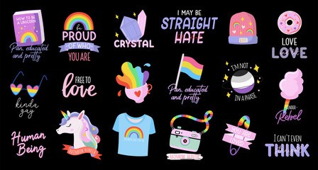 Colorful LGBTQ pride print. Beautiful and cute equality symbols and typography. Vector hand drawn illustrations and lettering.