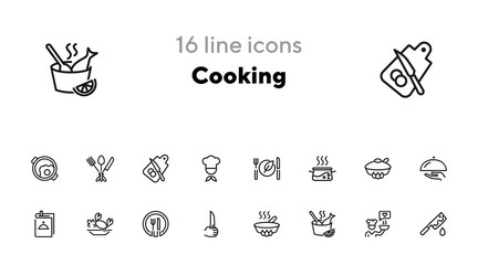 Cooking line icon set. Set of line icons on white background. Food concept. Plate, knife, chicken. Vector illustration can be used for topics like kitchen, food, cooking