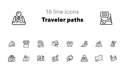 Poster - Traveler paths line icon set. Map, route, itinerary. Travel concept. Can be used for topics like navigation, location, guide