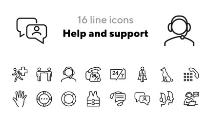Poster - Help and support icons. Set of line icons. Call operator, sitting dog, urgent help. Help concept. Vector illustration can be used for topics like help, assistance