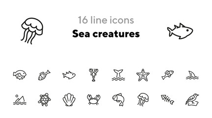 Canvas Print - Sea creatures line icon set. Set of line icons on white background. Maritime concept. Shell, turtle, fish, whale. Vector illustration can be used for topics like sea, ocean