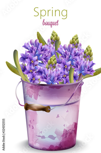 Watercolor spring bouquet of orchid flowers in a purple old bucket. Vector