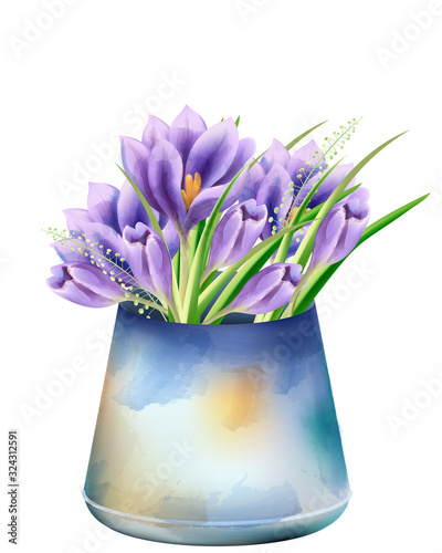Watercolor spring bouquet of orchid flowers in a blue old vase. Vector