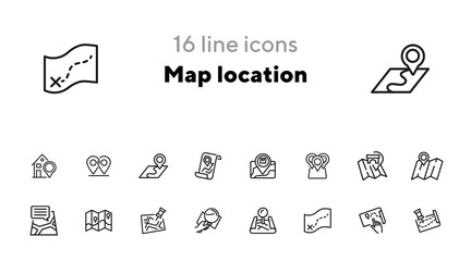 Poster - Map location line icon set. Pin, mark pointer, city plan. Navigation, concept. Can be used for topics like route, itinerary, address